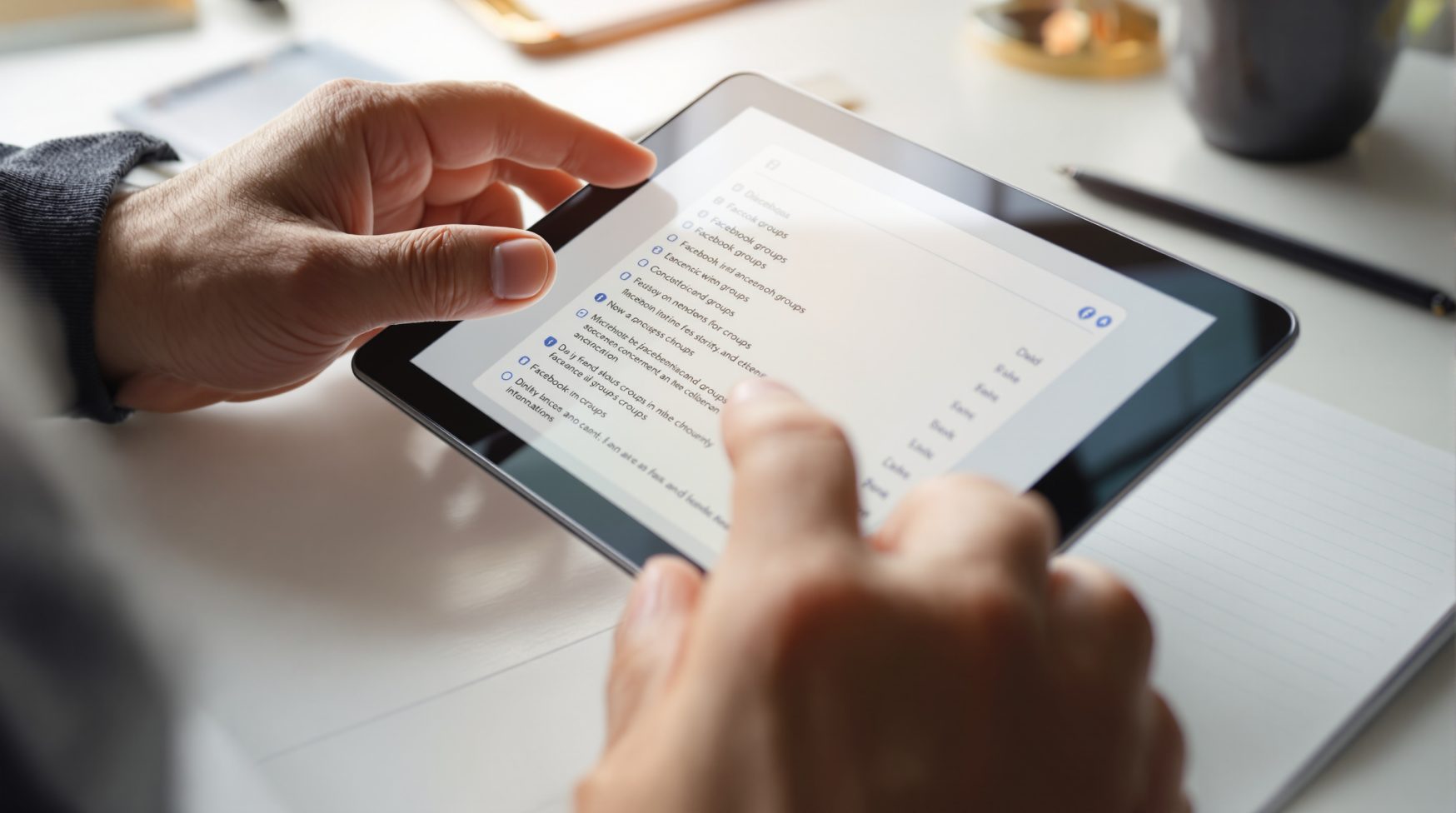 Hands scrolling tablet showing list of Facebook groups, notebook nearby