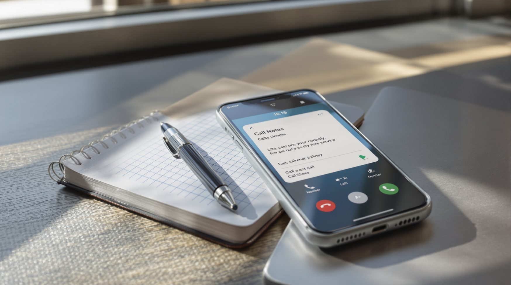 Notebook with scripted questions next to smartphone on desk