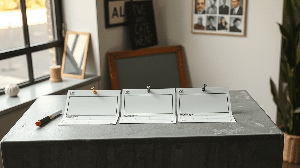 Storyboard cards for short video hooks on table