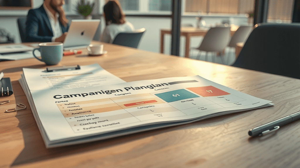 Printed campaign plan and audience index cards on table