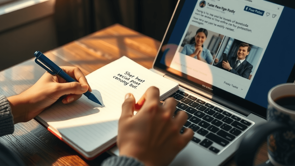 Hands drafting affiliate post captions beside laptop Facebook composer