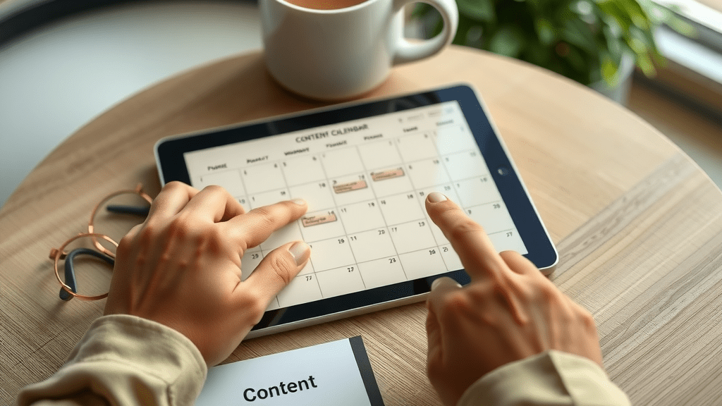 Flat-lay of content calendar tablet with hands pointing