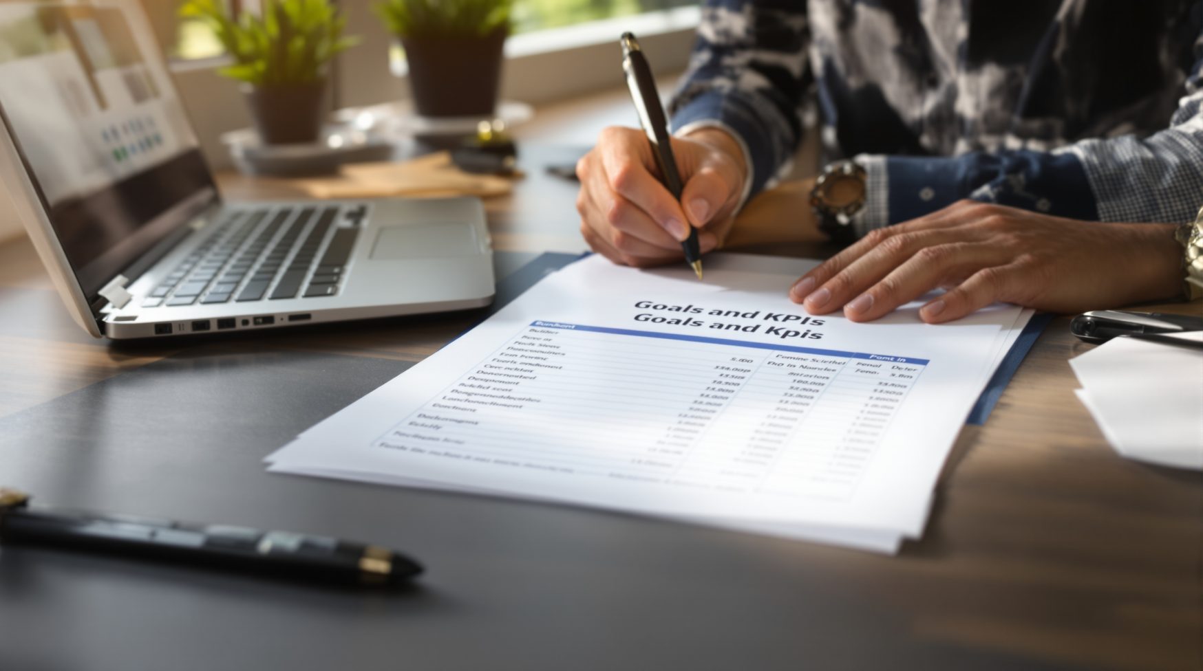Hands writing goals and KPIs next to budget spreadsheet