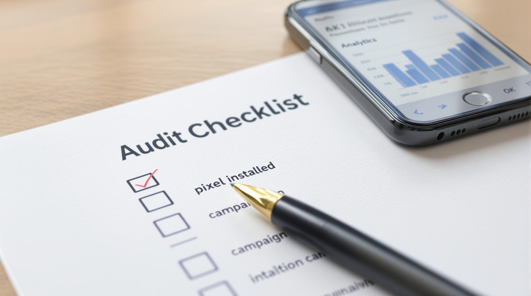 Close-up of audit checklist and smartphone showing campaign analytics