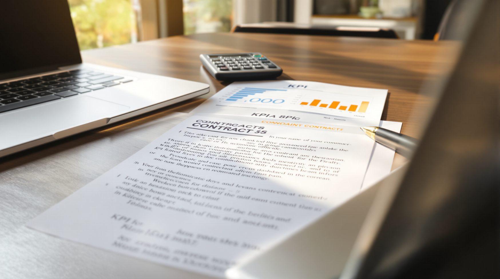 Contract with highlighted clauses beside KPI dashboard and calculator