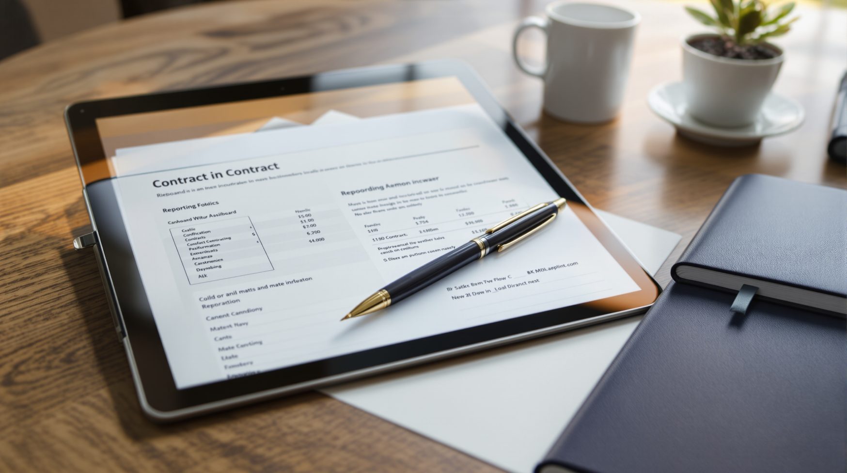 Onboarding table with contract, pen, and reporting tablet