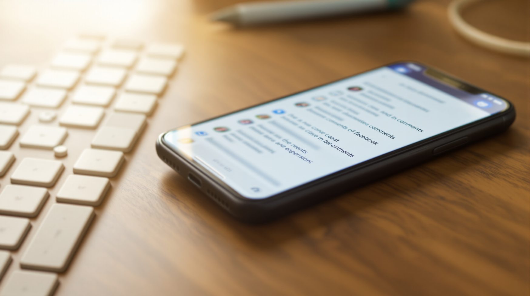 Keyboard and phone with drafted Facebook post and blurred comments