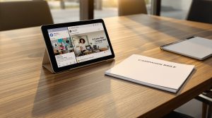 Set the article's mood: real-world Facebook creator marketing planning in a warm modern workspace.