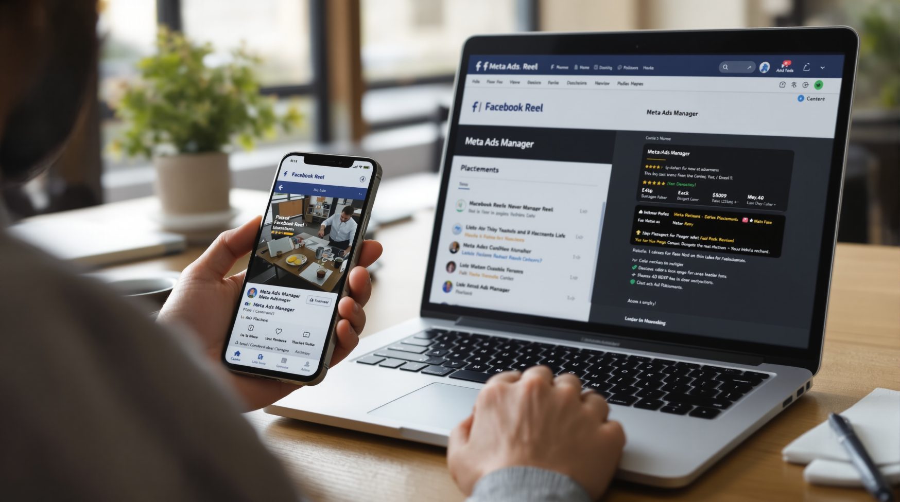 POV of phone showing Facebook Reel next to Ads Manager