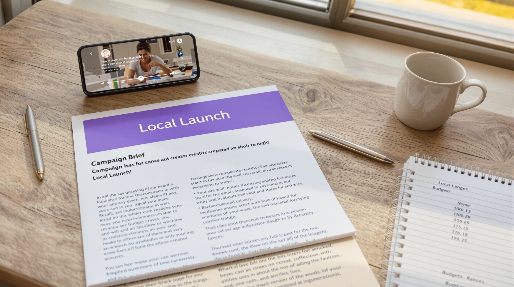 Campaign brief and phone playing creator testimonial on desk