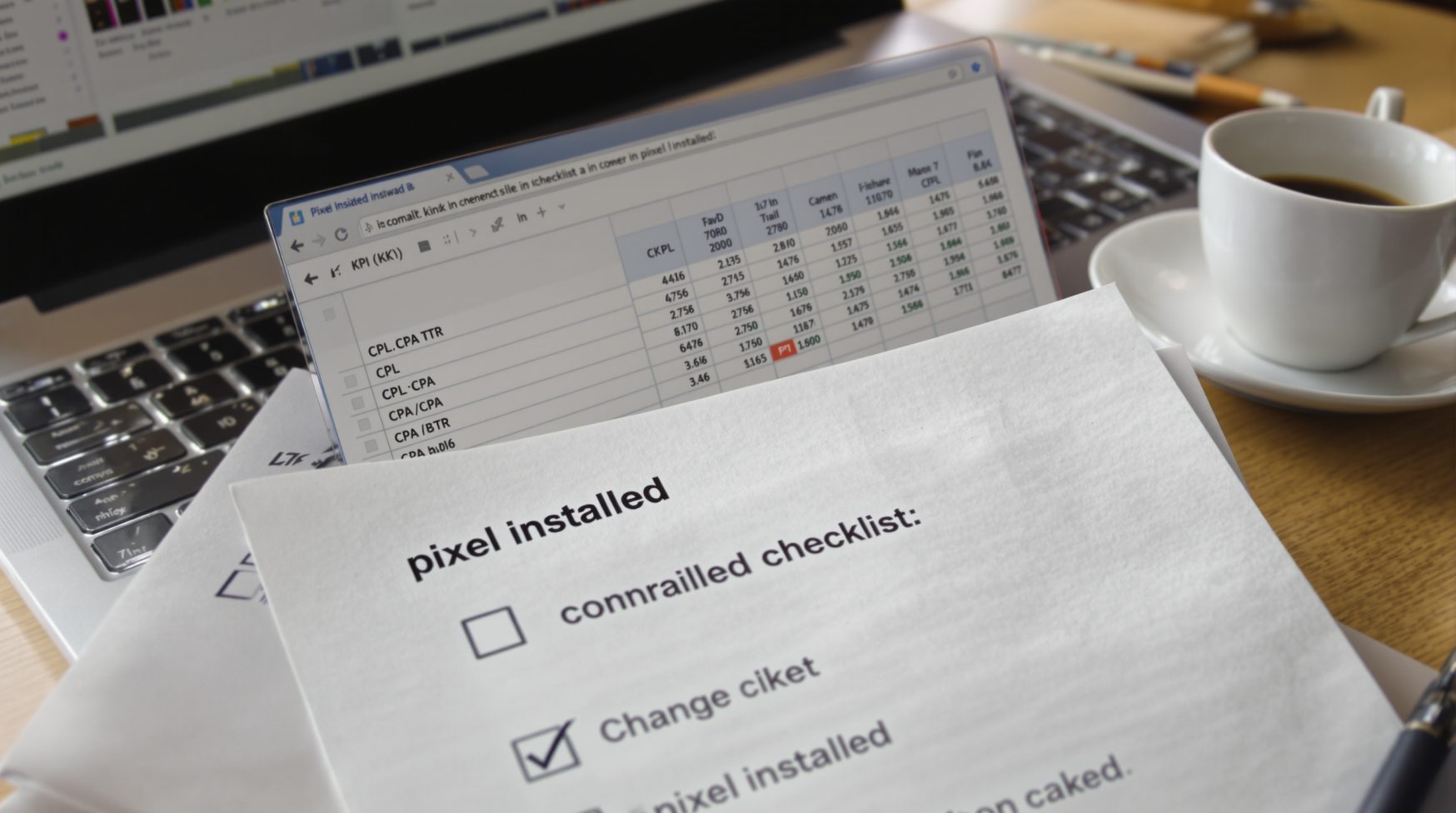 Close-up of KPI spreadsheet and measurement checklist on laptop