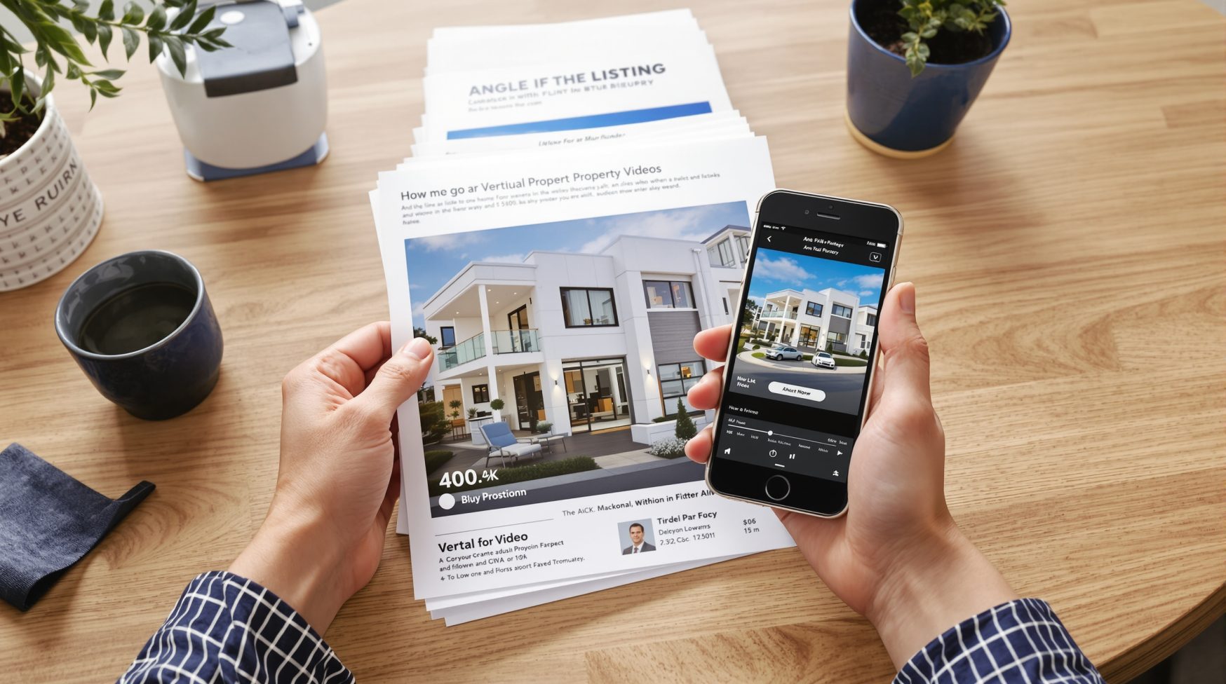 Hands arranging listing photos beside phone video