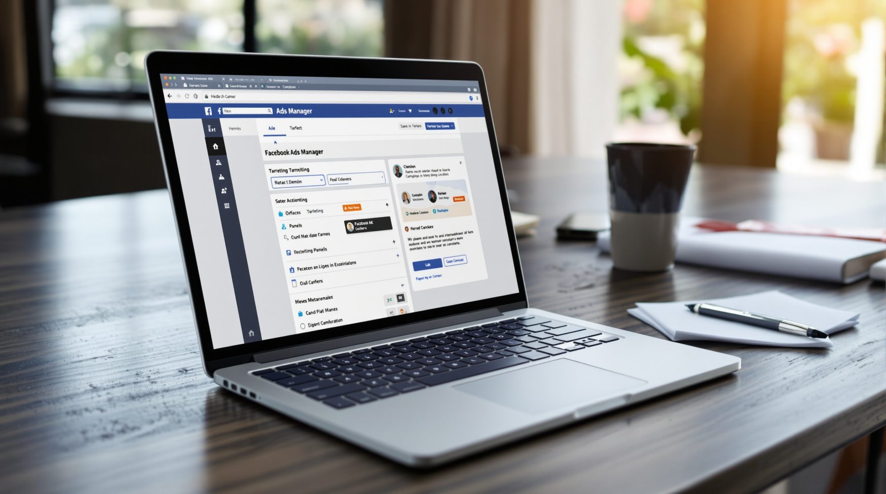 Laptop showing Ads Manager campaign setup on desk