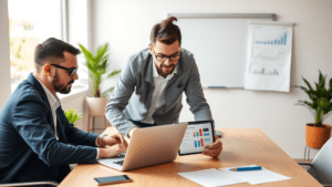 Modern office scene showing SEO PPC marketing collaboration with analytics dashboards on devices, representing seo ppc marketing integration