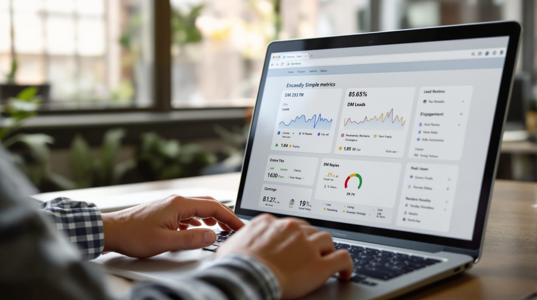 Hands pointing at laptop showing group engagement metrics dashboard