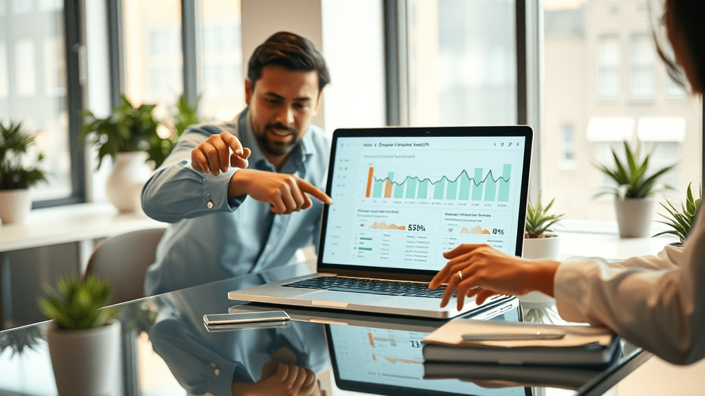 Two colleagues pointing at a dashboard showing combined paid and organic search performance charts, illustrating why seo ppc marketing works together