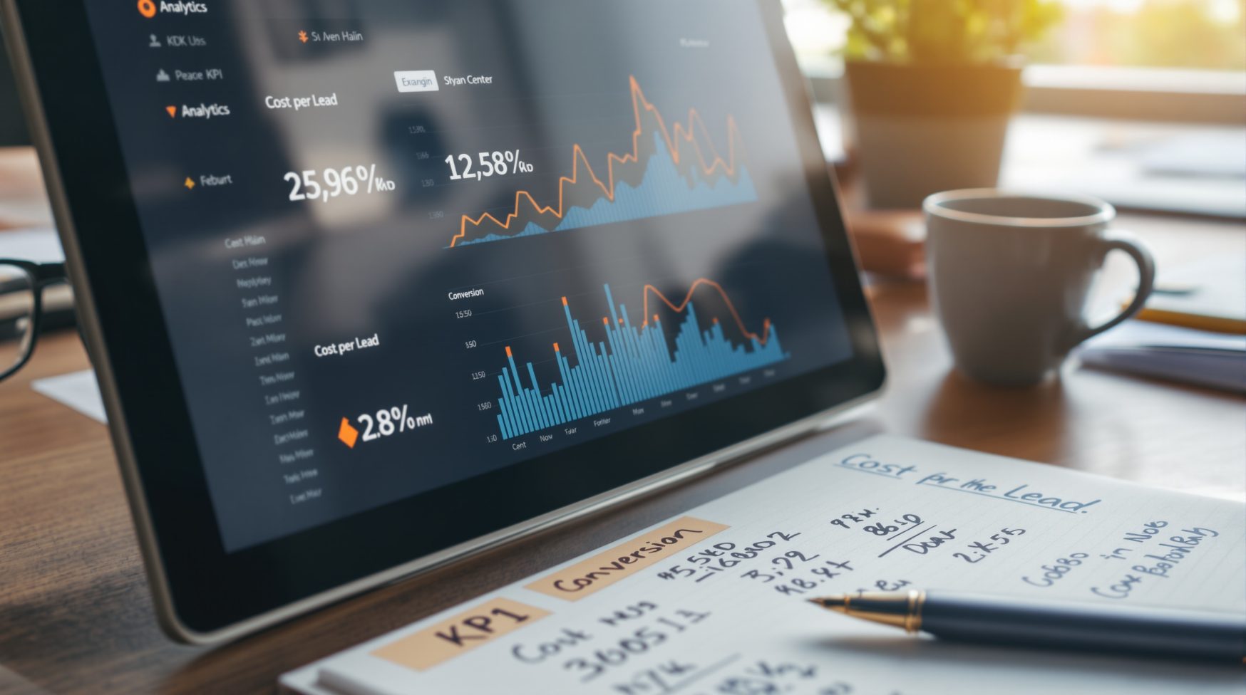 Analytics screen showing cost-per-lead and conversion graphs