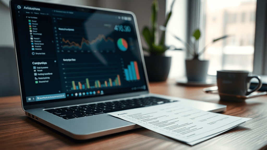 Close-up of a laptop with analytics visuals and a printed checklist beside it, used to plan PPC-to-SEO handoff for seo ppc marketing