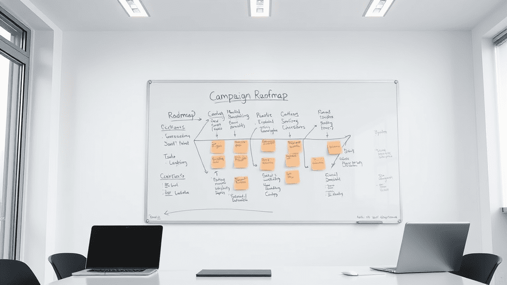 A whiteboard planning session in a modern office showing a campaign roadmap sketch (blurred) for seo ppc marketing integration