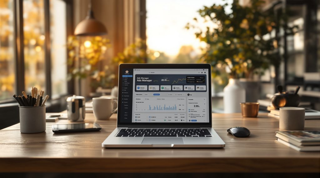 Set the scene: professional, approachable workspace that signals hands-on Facebook ad work for SMBs.