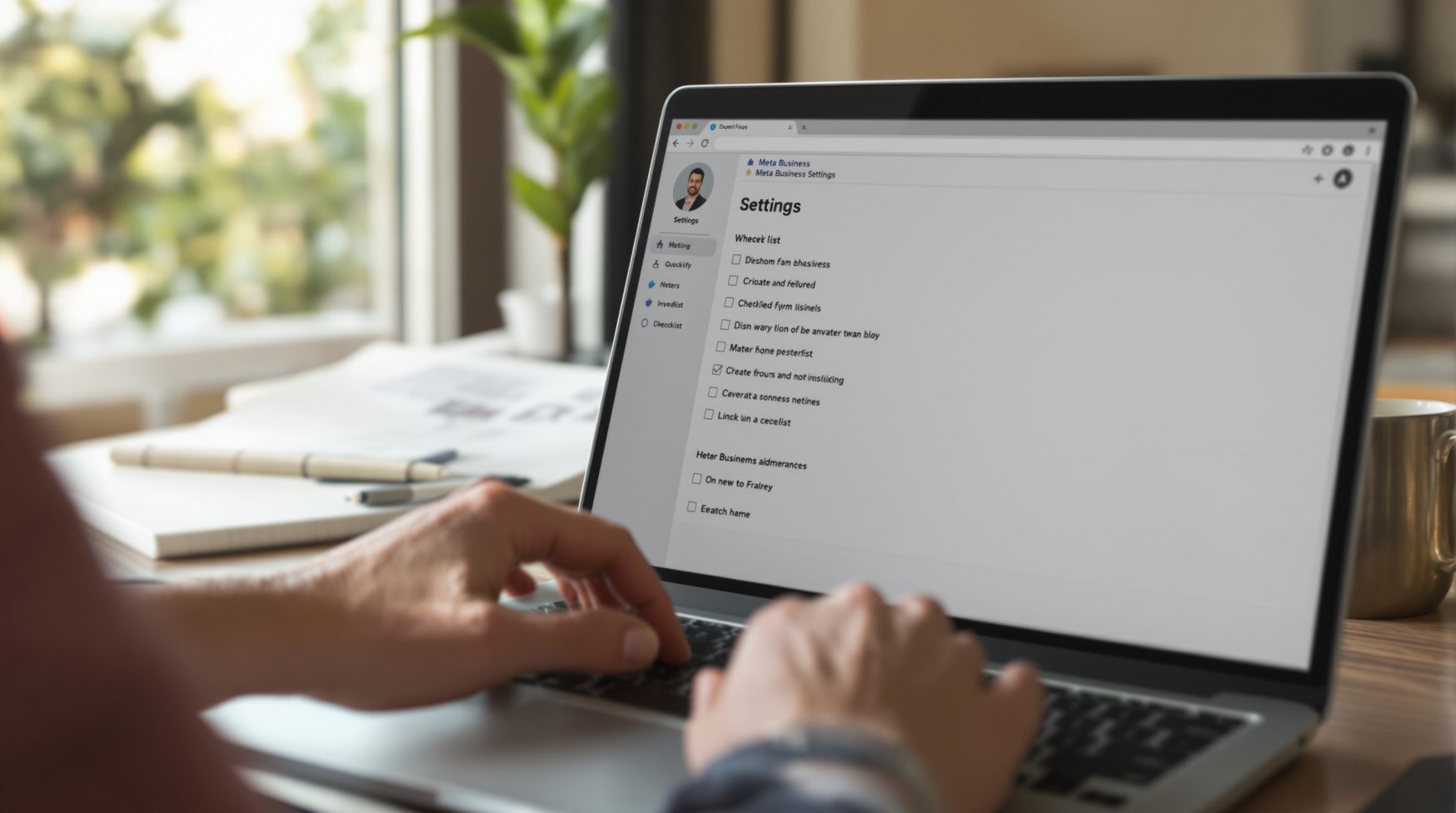 Over-the-shoulder laptop view showing Meta Business Settings checklist