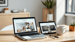 Modern desktop showing wedding website design templates on a clean workspace, showcasing responsive layouts and gallery previews