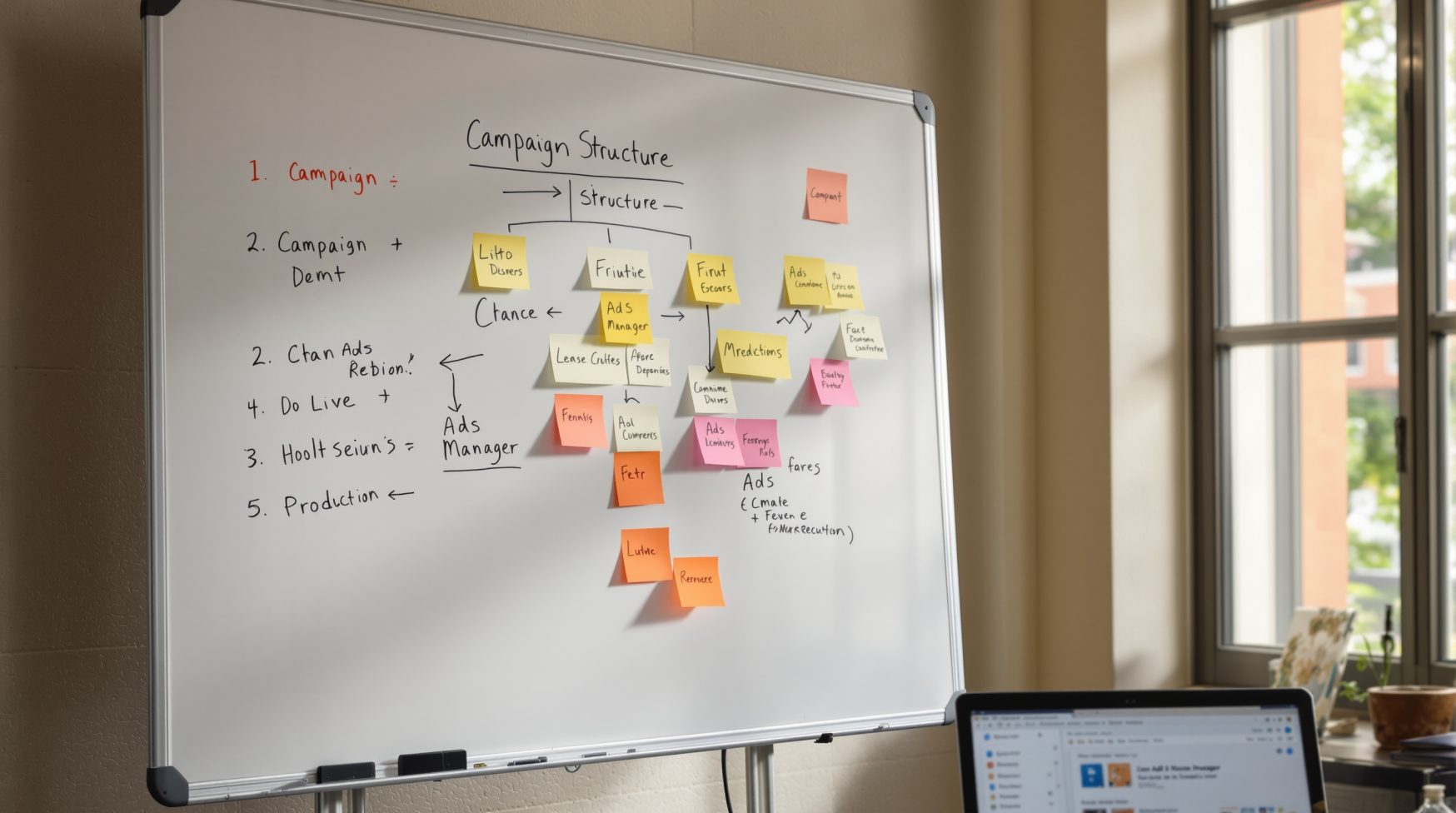 Mid-shot of whiteboard campaign structure diagram and laptop nearby