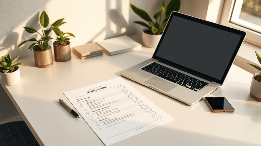 Workspace with open checklist next to a laptop previewing a wedding template, ready-to-use checklist for template selection