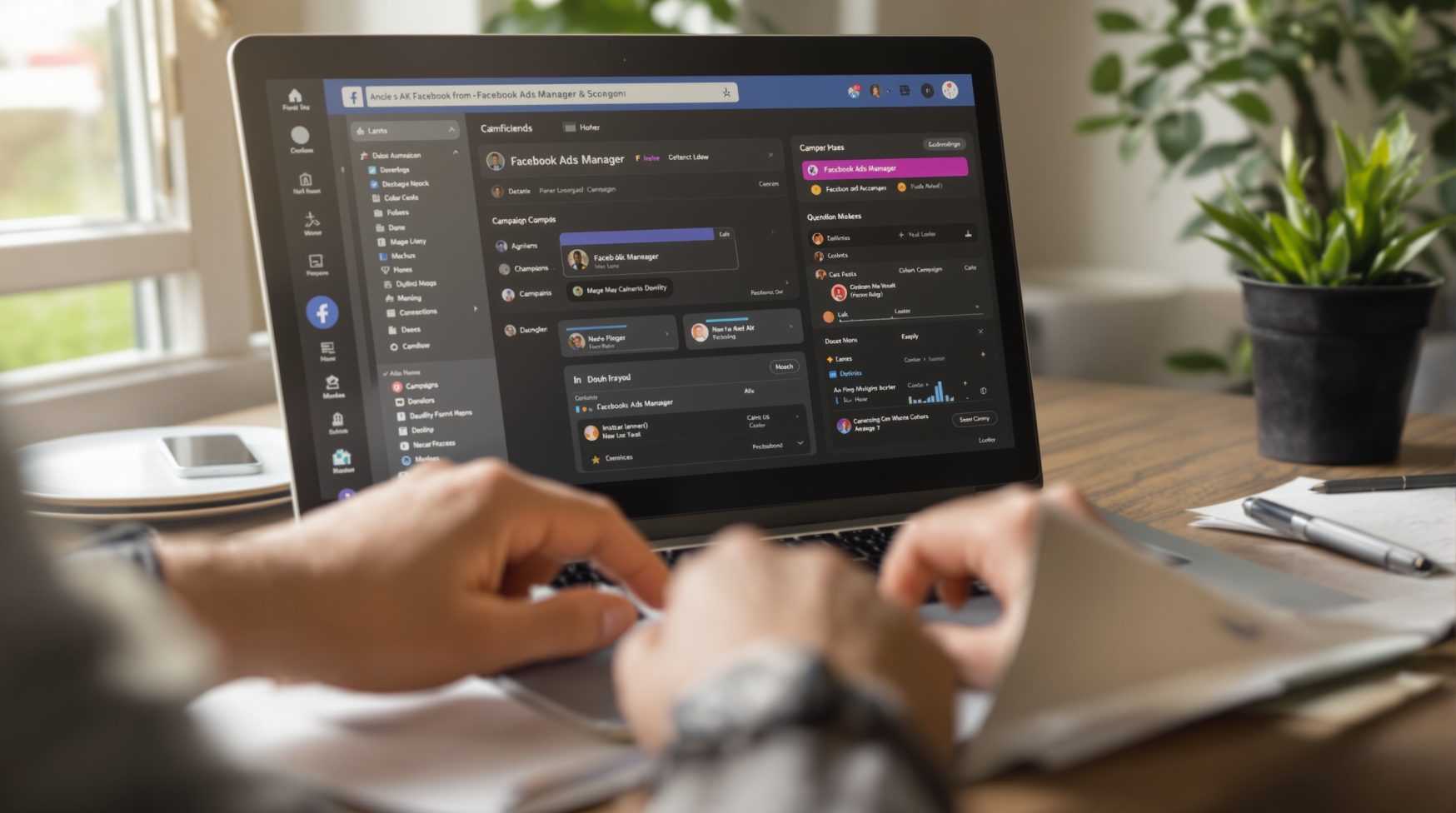 POV of hands pointing at Facebook Ads Manager on laptop