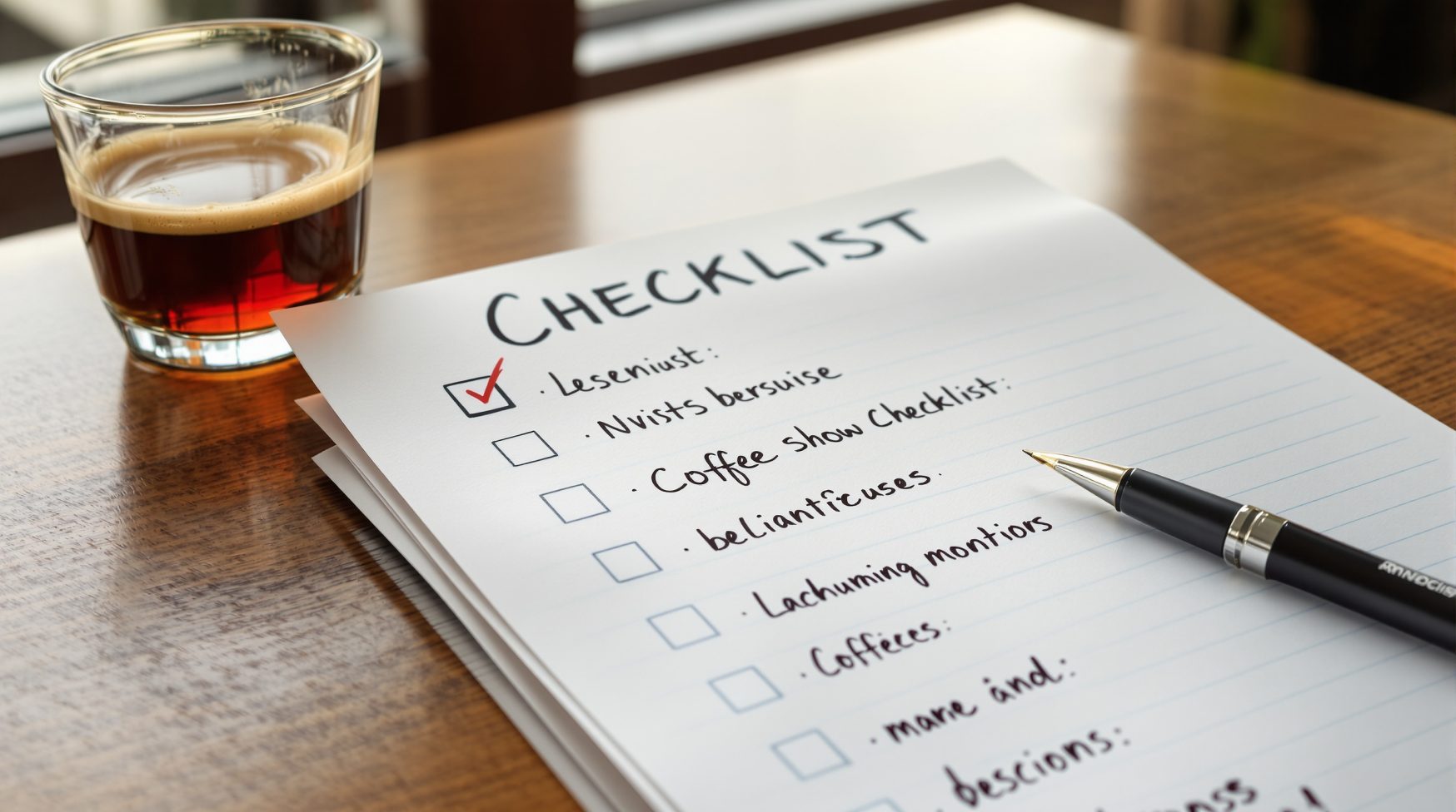 Close-up of checklist on matte paper with pen and notes