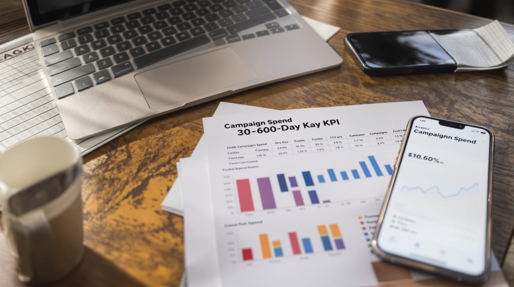 Desk with 30-60-90 day KPI report, laptop, and campaign spend graph