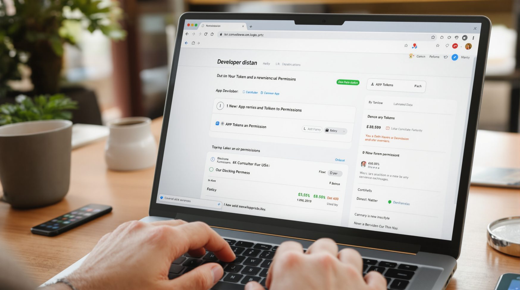 POV of hands on laptop showing developer app tokens