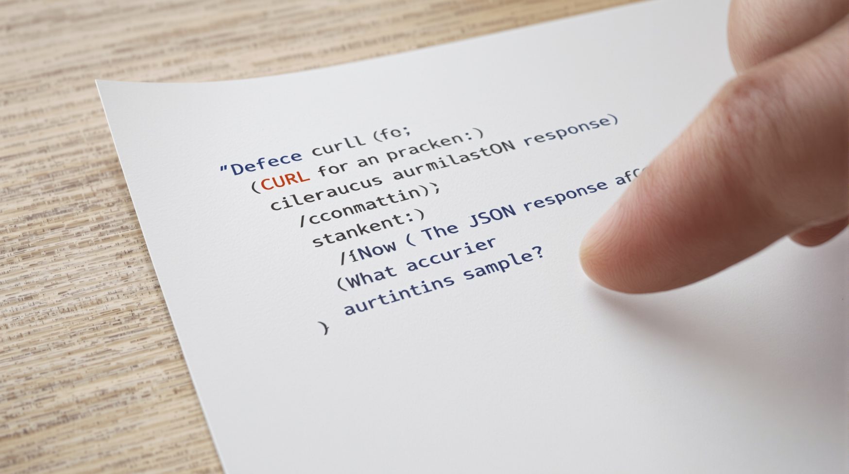 Macro close-up of printed cURL command and JSON example