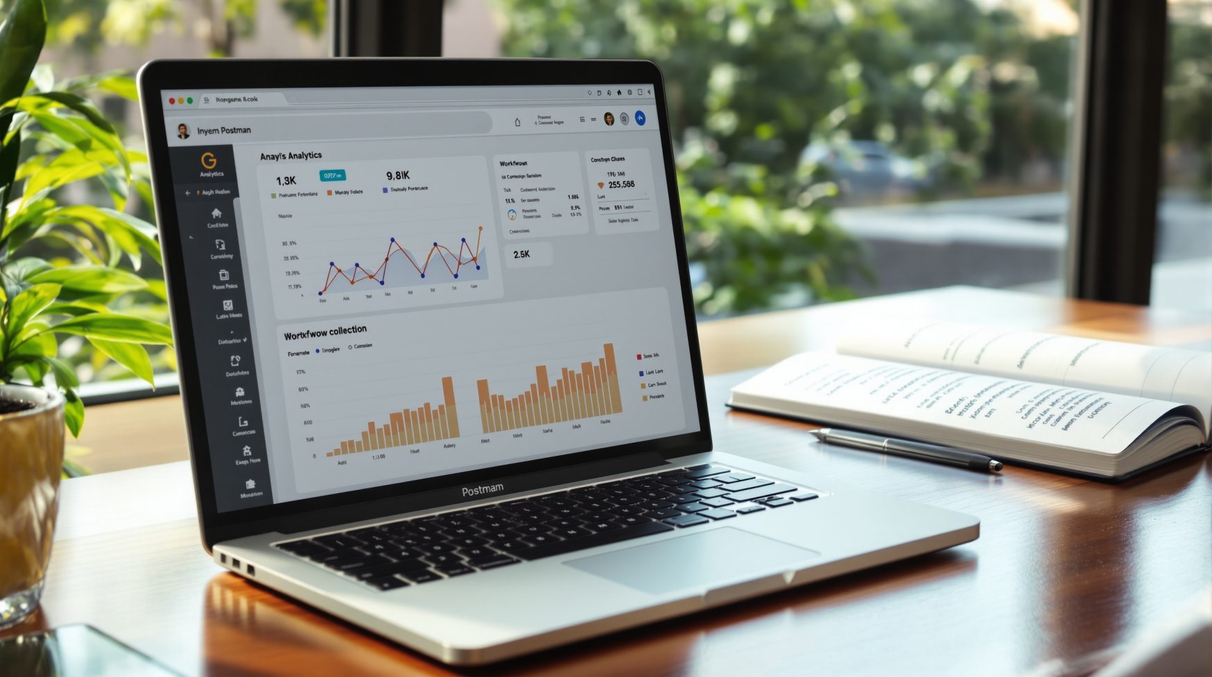 Mid-shot of laptop with analytics and Postman workflow on desk