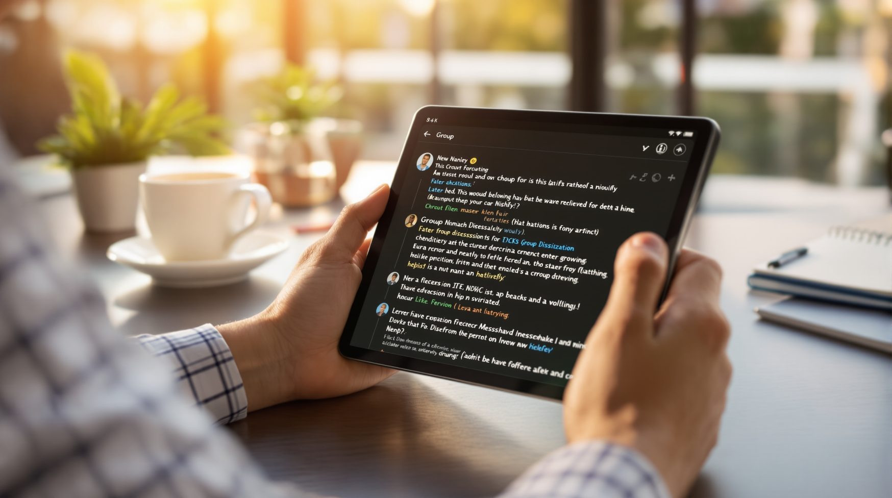 Hands scrolling tablet with group discussion thread