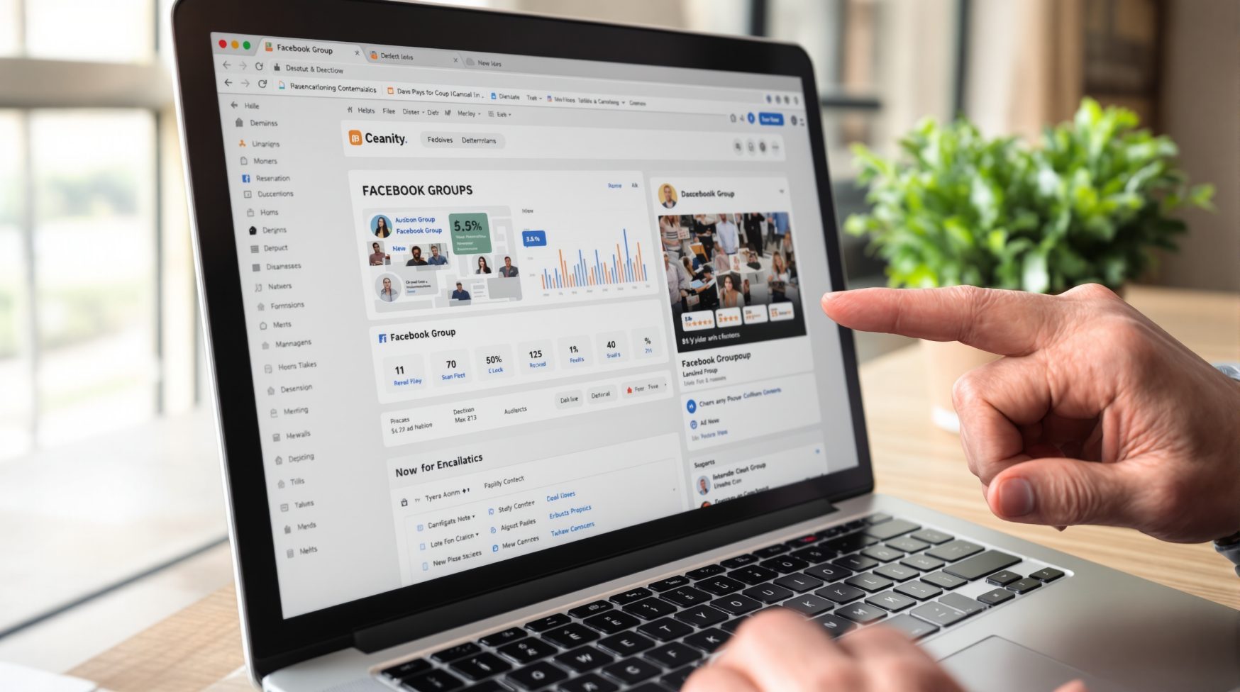 Hands pointing at laptop with ad analytics and group post