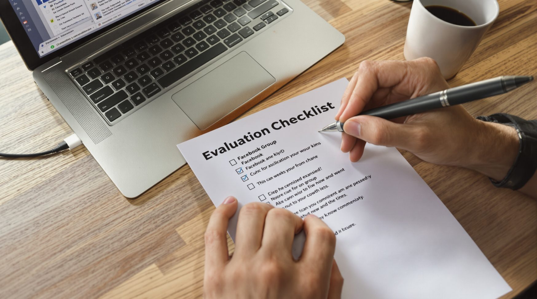 Checklist and laptop with multiple Facebook group tabs open