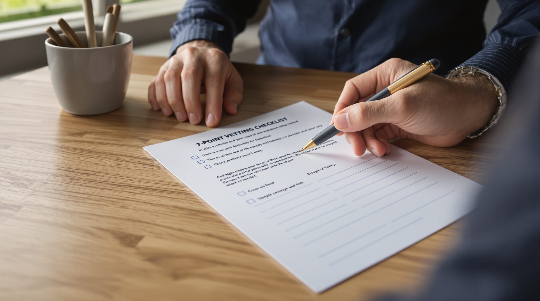 Hands scoring a 7-point Facebook agency checklist