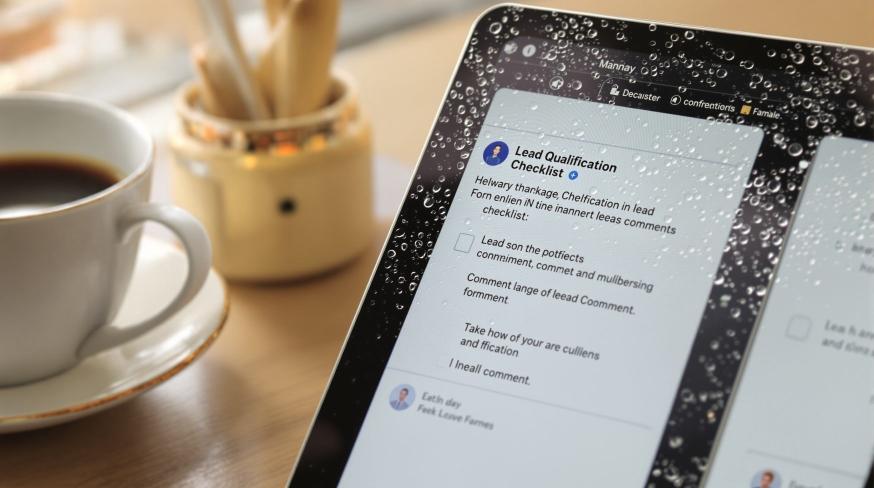Tablet with lead-qualification checklist and comment thread Facebook Marketing Group