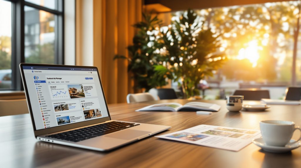 Set the mood: energetic, professional environment where Facebook marketing work happens.