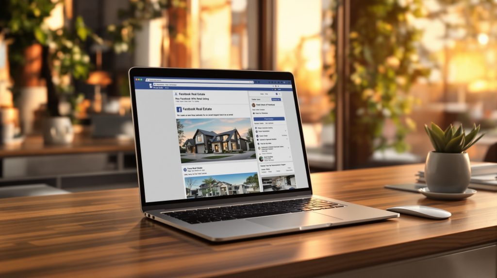 Set the tone: professional real estate marketing workspace showing Facebook listing on screen