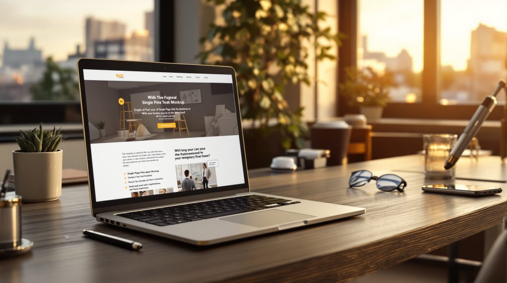 Set the mood: modern, warm workspace illustrating a single-page site in context