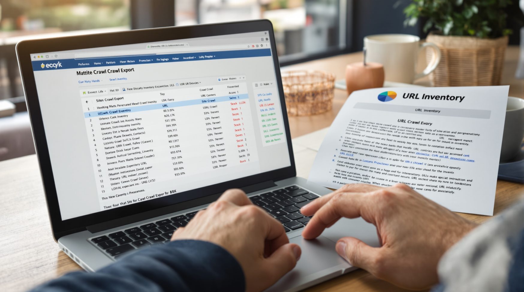 Hands pointing at crawl export and printed URL inventory