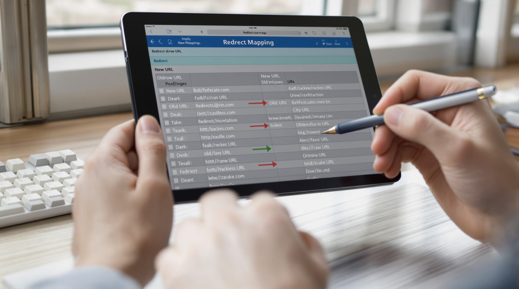 Stylus on tablet showing redirect mapping between URLs