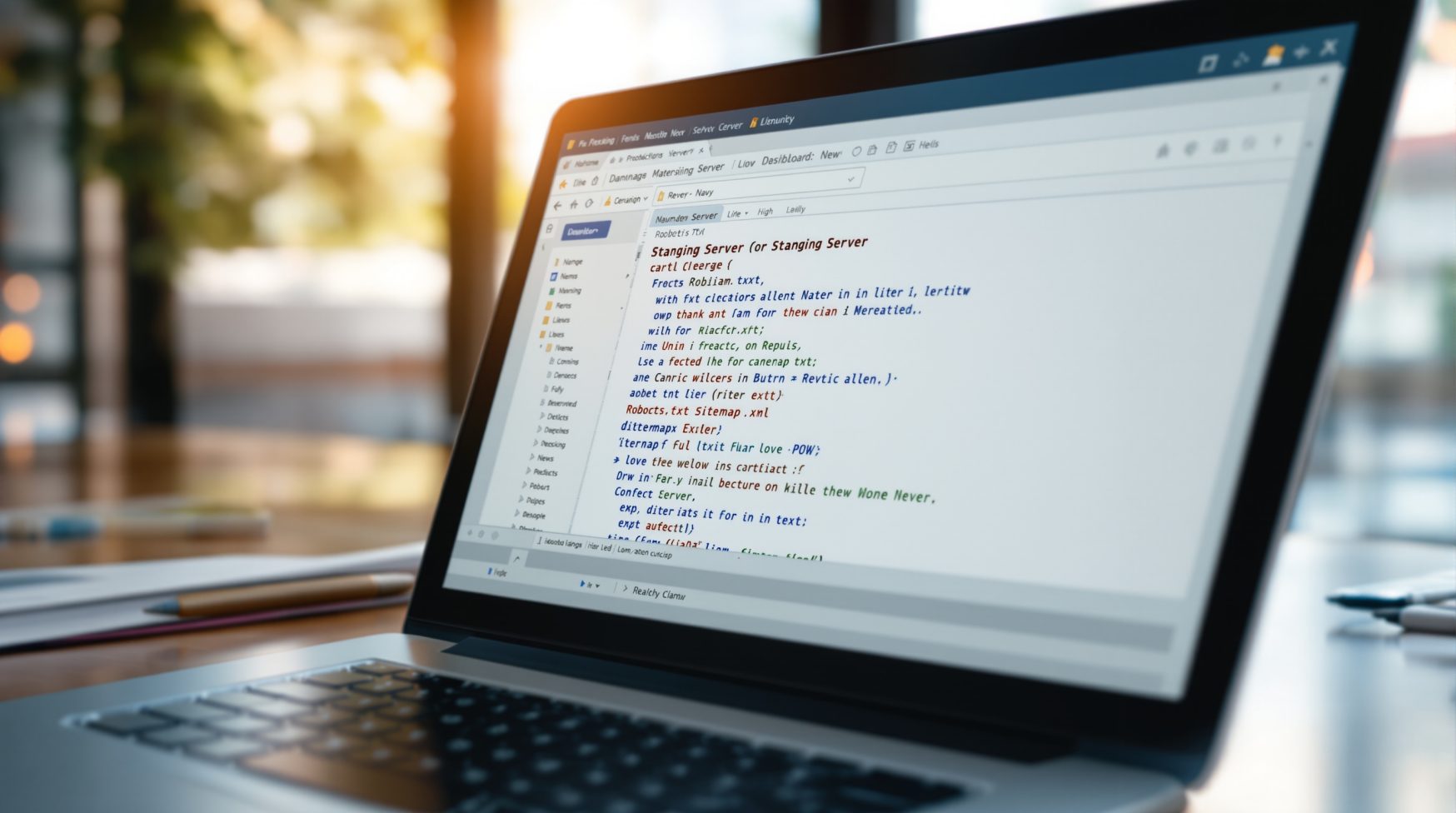Laptop showing staging dashboard and robots.txt snippet