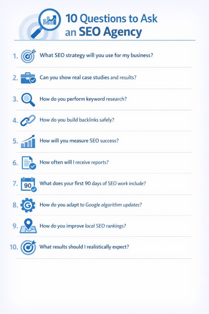 10 questions for choosing an SEO agency infographic