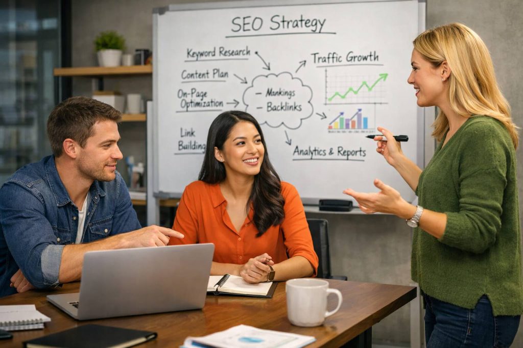 business evaluating seo agency strategy meeting