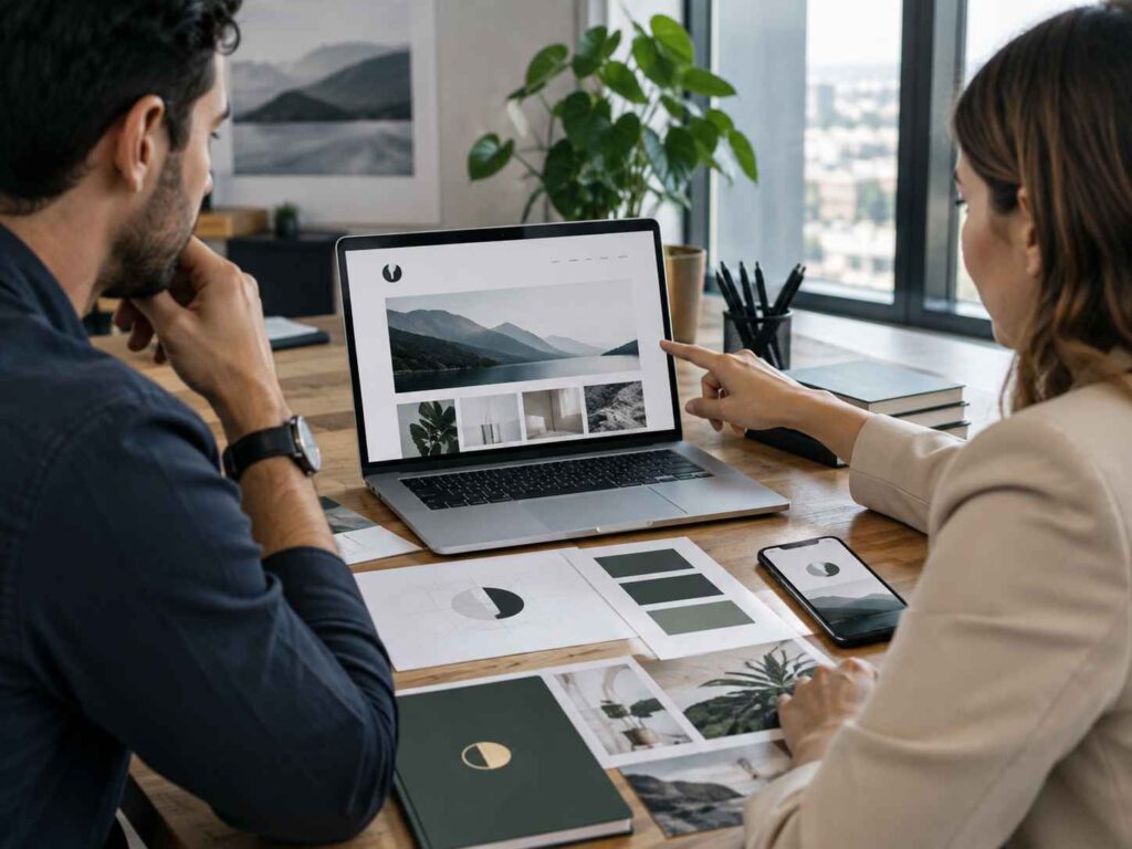 create realistic image for this blog. no text- How Strong Brand Identity Builds Trust Online