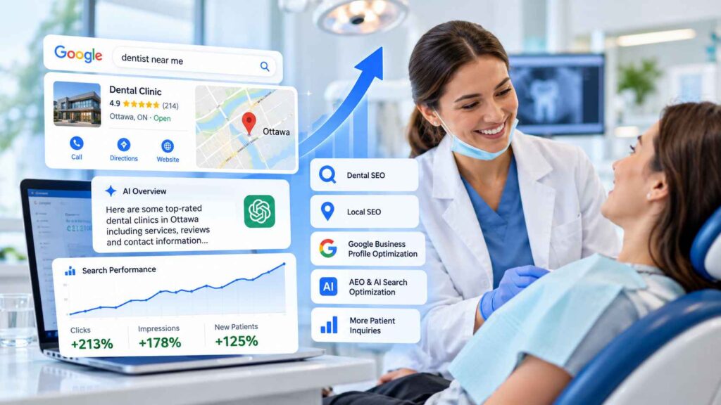 Ottawa dental SEO and AEO services showing Google search visibility, local SEO, AI search optimization, and patient lead growth for a dental clinic