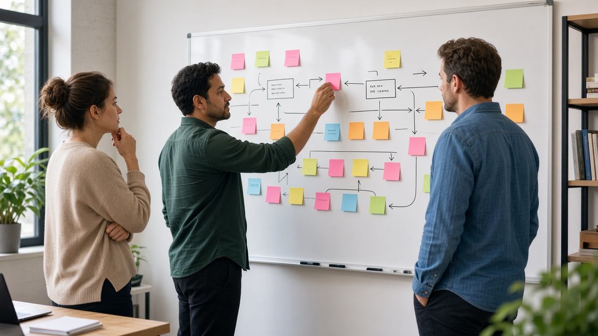 Marketers mapping a workflow on a whiteboard to audit which marketing tools to keep